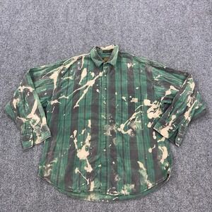 Vintage Eddie Bauer Shirt Mens XL Green Stripe Flannel Bleach Splatter Grunge